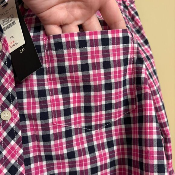 Talbots Pink Black White Plaid Button Down Cotton Blouse Petite Large NWT - Picture 5 of 9